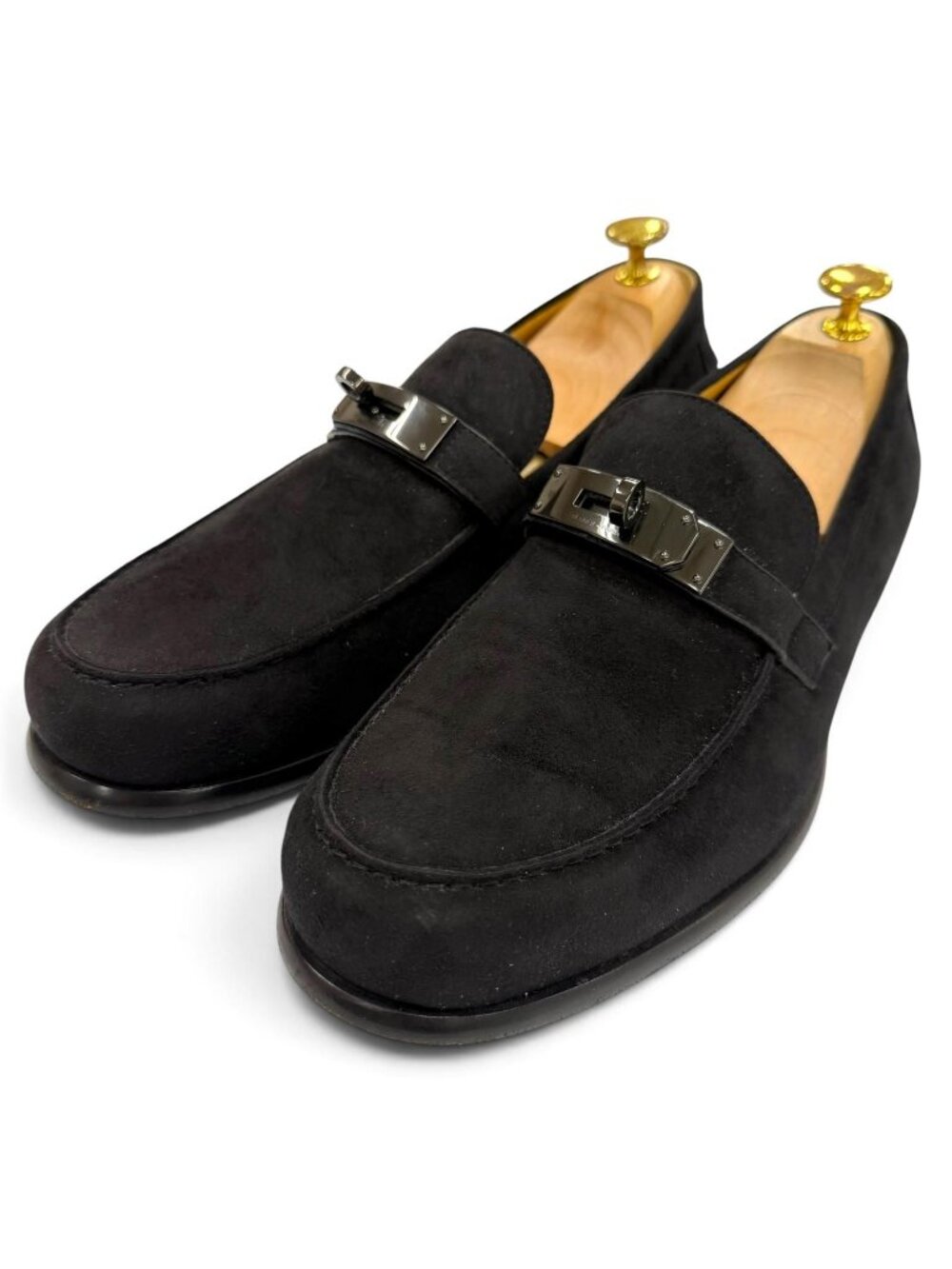 Hermes Suede Leather Kelly Buckle Chip Shoes Loafers Black Business